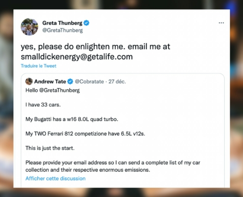 Réponse de Greta Thunberg à Adrew Tate, le 28 décembre 2022